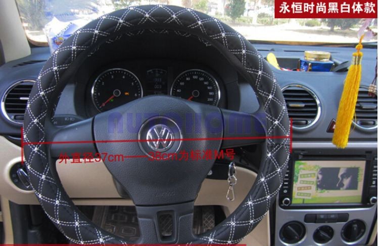 Microfiber Leather Steering Wheel Cover Stitched with White Thread Line (1)