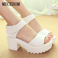 2016 New Summer Pep-toe Woman Sandals,Platform Thick Heel Summer Women Shoes Hook & Loop Fashion All Match Shoes For Ladies