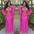 2017 Hot Pink Moroccan Kaftan Turkish Dresses with Long Sleeve Deep V Neck Gold Beads Arabic