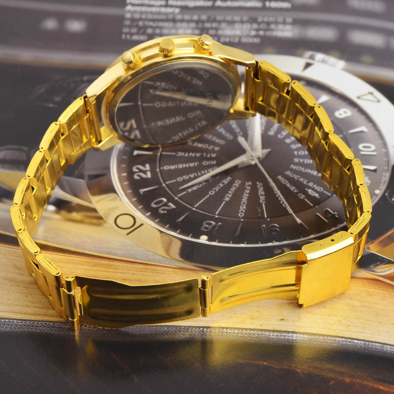 2015 New Fashion Men Gold Watch 18K Brand Quartz Watch Casual Stainless Steel Male Clock Wristwatches