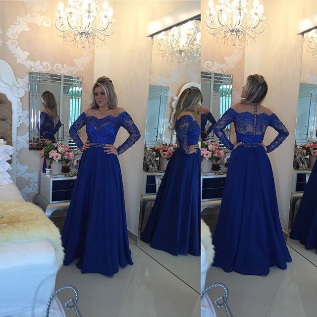 Elegante Una Línea de Manga Larga Azul Real 2017 Del Vestido de Noche Vestido Formal Rebordear