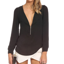 2016 New Sexy Women Summer Chiffon Blouse Zipper Design Deep V-neck Long Sleeve Tops Tee Shirt Casual Fashion Shirts 2 Color