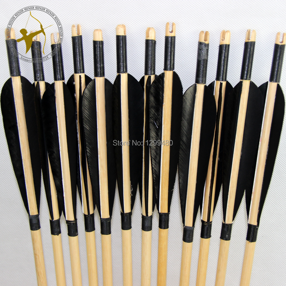 12 Pcs Free Shipping Beautiful Real Black Turkey Feather Fletching Hunting Wood Shaft Arrows Field Point