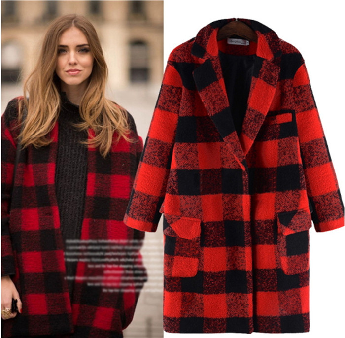 Plus size women coat autumn winter cashmere long coat 2015 new fashion hot sale red plaid XL 2XL ...