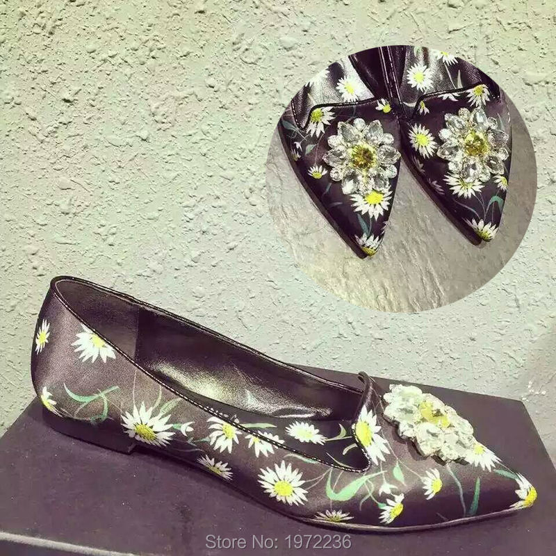 Luxury Designer Brand Black Flower Print Rhinestone Satin Women Zapatos Mujer Pointed Toe Flats shoes single