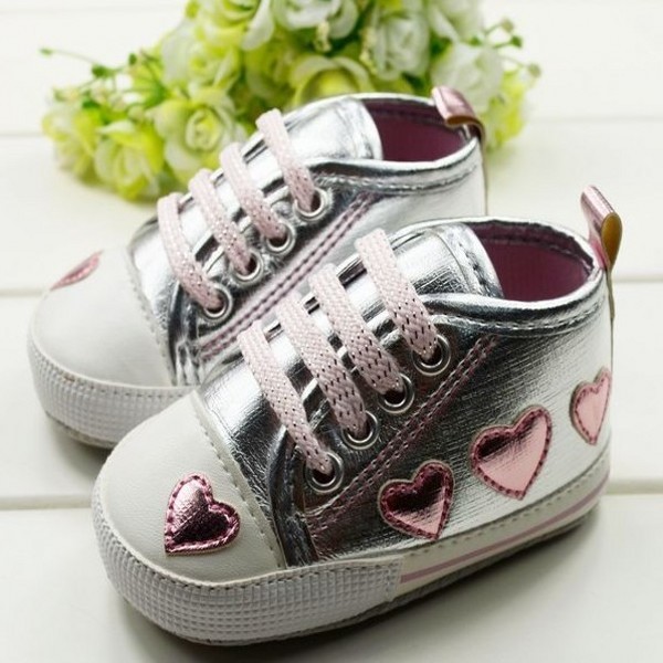 Cute Kid Toddler Baby Girl Silver Crib Heart Soft Shoes First Walker 0 18 M