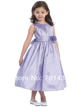 Satin Ball Gown Flower Girls Dress With Flower Tea length Sleeveless Dress For Kids