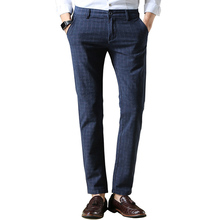 2016 New Brand Men’s Pants Fashion Plaid Cotton Straight Dress Pant Men Casual Slim Fit Suit Pants Long Trousers Blue/Black