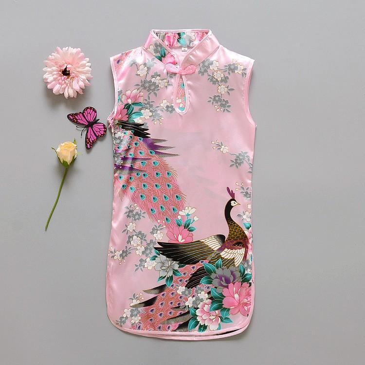 2016 Newest Chinese Style Girls Dress Fashion Flower Birds Cotton Sleeveless Summer Girl Dress Pin Dresses