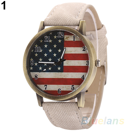 Unisex women men Vintage United States Flag Bronze Denim Band Quartz Analog Wrist Watch 2KDK