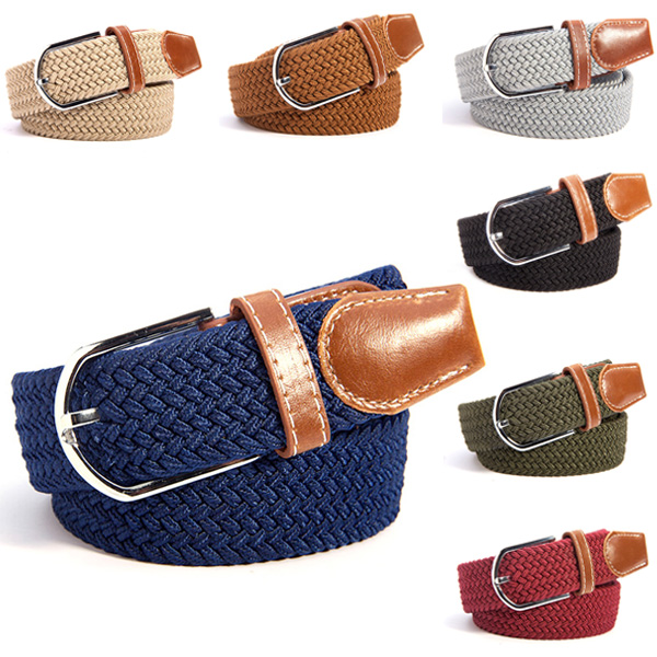 Men Women Canvas Plain Webbing Metal Buckle Woven Stretch Waist Belt Colors