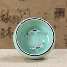6pcs/lot Celadon Ceramic tea cup 60ml double gold fish cup embossed crafts Chinese Kungfu high-grade teacups Free Shipping
