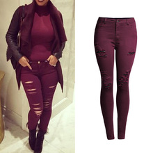 2016 Plus Size 4XL Women`s Popular Burgundy Jeans Sexy beggar hole Skinny Elastic Denim Pants High Waisted Jeans Femme