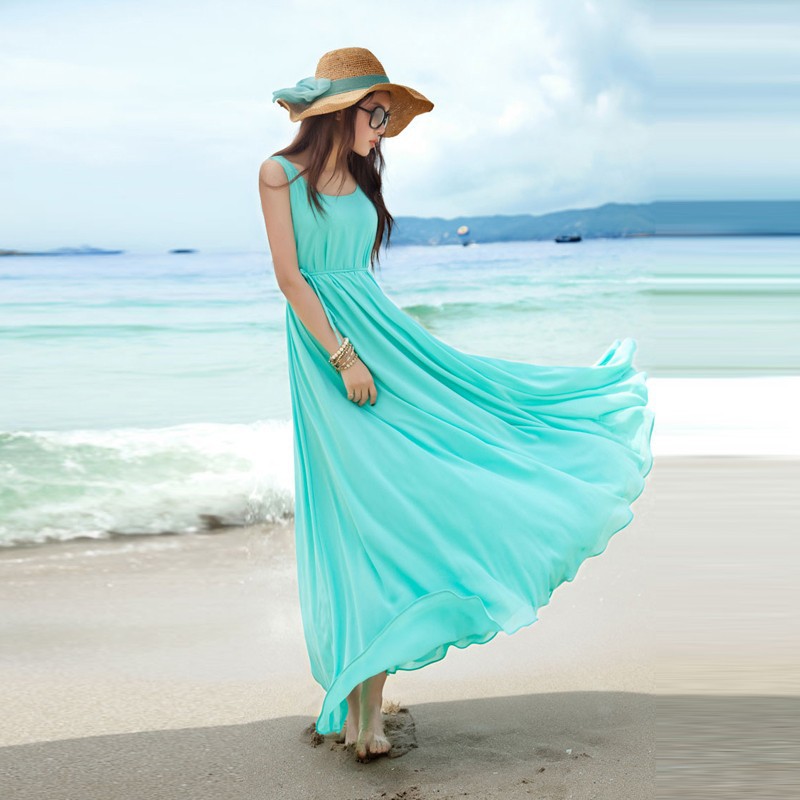 New bohemian pregnant women dress summer loose polyester solid sky blue O-neck sleeveless beach ankle-length maternity dress (5)