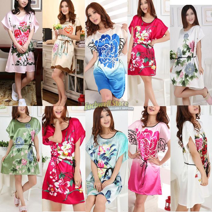 Short Sleeve Floral Sexy Plus Size Women Silk Robe Lady Girl Silk Pajamas Housecoat Nightgowns Loungewear