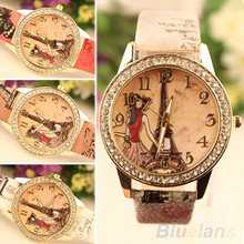 Mujeres Rhinestone torre Eiffel Dial flor impreso Faux cuero banda reloj de pulsera 2MZL