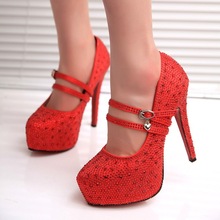 2015 Fashion Crystal Rhinestone High Heels Silver Stiletto Women Platform Bride Red Wedding Shoes