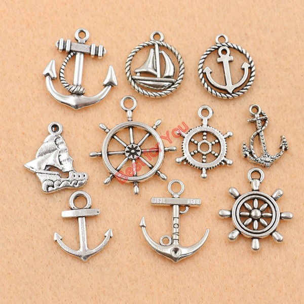 Anchor Charm Mixed Tibetan Silver Tone Rudder Fashion Pendants Jewelry Diy Jewelry Making 10pcs c016
