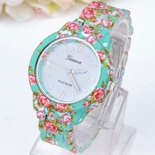 NEW Big Size Flowers Watch Geneva Platinum Printed FLOWERS Plastic Band Analog Quartz Women wristwatch Vintage Fashion
