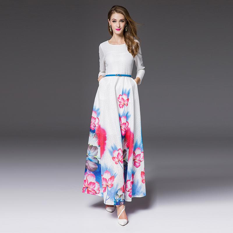 Romantic Dress 2015 New Autumn Brand Full Sleeve Sashes Luxury Print Hollow Out Grid White Maxi A-Line Dress