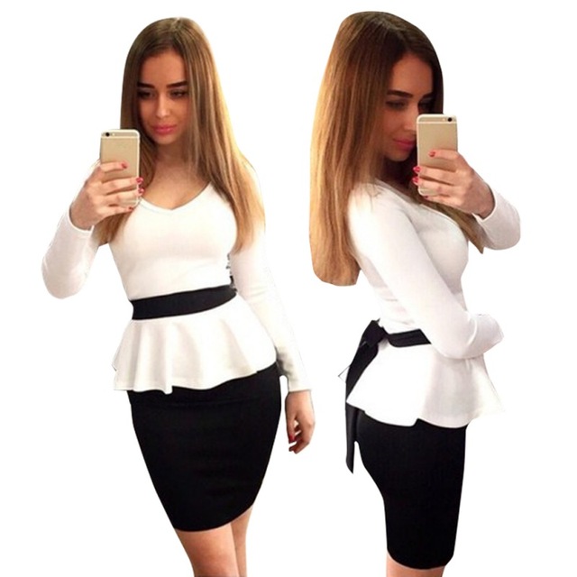 Мода женщин v-образным вырезом баски одежда работа свободного покроя Bodycon влагалище платье S-XL