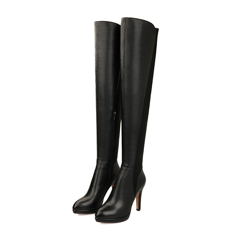 Spike Heels Knee Boots 2015 latest Pointed Toe Long Boot Winter Short Plush Woman Shoe Full Grain Leather Spike Heels Knee Boots