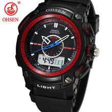 Militar del ejército OHSEN LCD Dual Core reloj para hombre deporte fecha día cronómetro luz de fondo Red Rubber Band reloj relojes de buceo