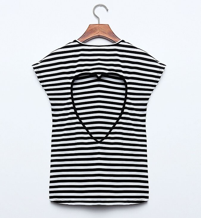 2015 New Summer Fashion Women Striped T shirt Women Tees Tops High Quality women\'s t shirt love backless emoji t shirt (9)