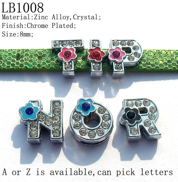 8mm Enamel Flower Stud Rhinestones Metal Initial Alphabet Beads,Fits 8mm Leather Strap,Free Shipping Wholesale 1300pcs/lot