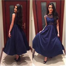 2016 Navy Blue A Line Ankle Length Prom Dress Jewel Neck Lace Applique Beaded Evening Dress Special Occasion Gowns EV82