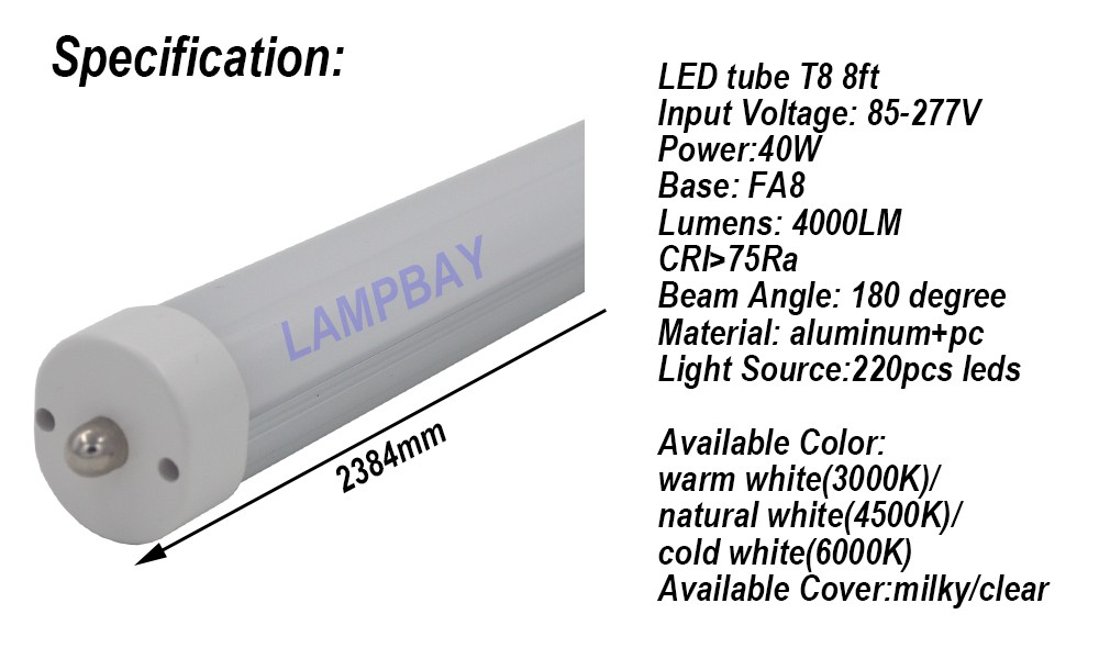 LED Tube bulb 8FT F96 40W FA8 single pin R17D HO replace to existing