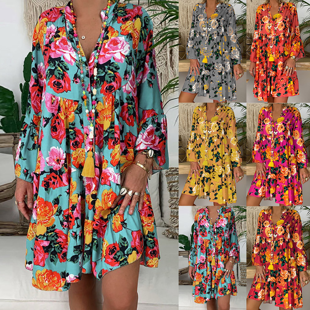 miqiqism Women Fashion Retro Printing Dresses Casual Floral Loose Fake Two-Piece Denim Dress Beach Dresses