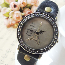 Wholesale Retro Paris Eiffel Tower Analog Round Dial Wrist Watch PU Leather Band Wristwatch for Men