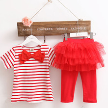 Hot Kid Girl Stripe Bow Top T shirt Tutu Skirt Leggings Culottes 2pcs Outfit Sets
