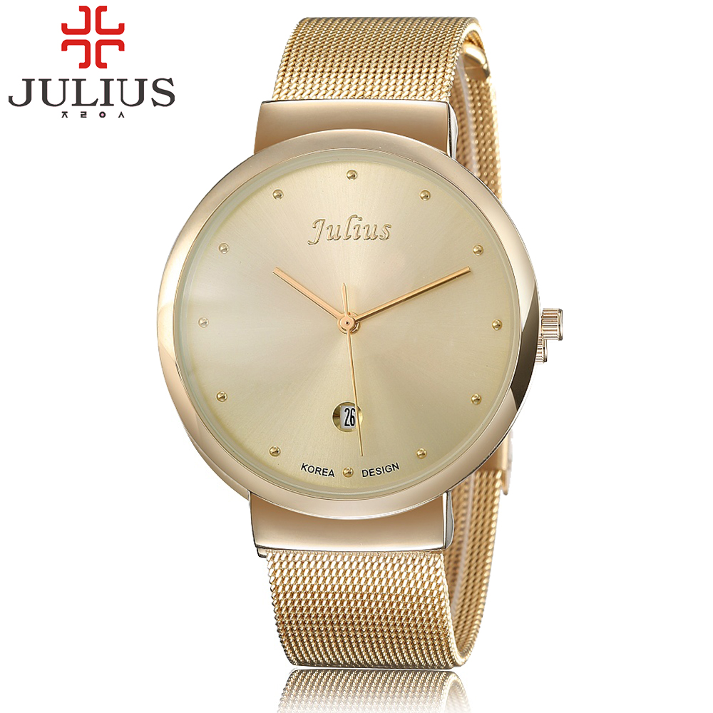 2015 Top Luxury brand JULIUS Watches men Stainless Steel Mesh strap Quartz watch Ultra Thin Dial Clock man relogio masculino