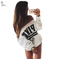 2016 New Autumn Tracksuit For Women Hoodies PINK Letter Print One Shoulder Collar Loose White
