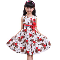 2015 summer kids clothes floral bow 100% cotton child party princess tank girl dress sundress Free Shipping