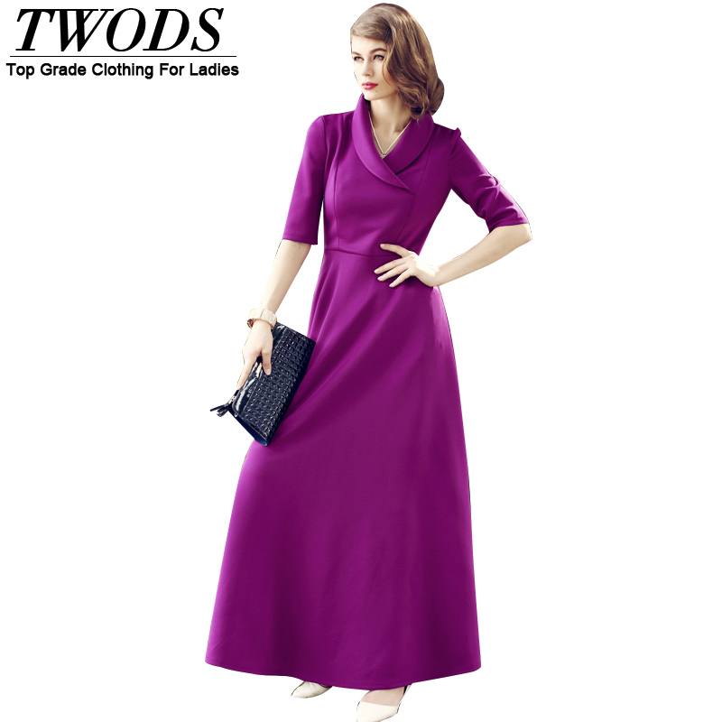 Twods Elegant 2015 New Autumn Solid Purple Women Maxi Dress Slim Fit Half Sleeve Turn-down Collar Flare Dresses Vestidos