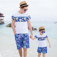 summer 2016 father and son clothes family t-shirt boys pants mom and daughter blue flower girl dresses women long beach dress