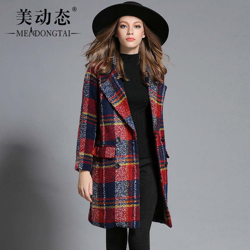 2015 Fashion  Long Wide-waisted Double Breasted Turn-down Collar Large Size Woolen Plaid Coat Plus Size 5XL Female Clothing