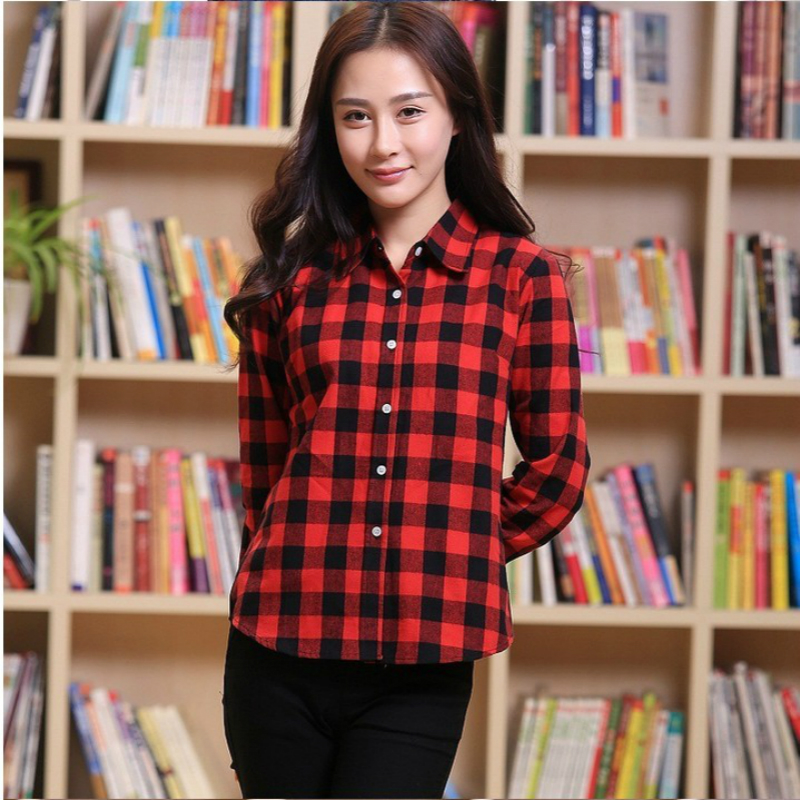 Women Plaid Shirt Long Black Sleeve Cotton Blouse Tee Shirt Femme Top Blazer font b Tartan