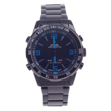 Weide WH-1009 cuarzo y LED electrónica Dual Time Display hombres de reloj de pulsera – negro + azul ( 1xCR2016 )