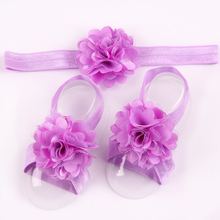 Retail Newborn Baby Flower Headband Barefoot Sandal Sets Satin Flower Hair Accessories For Photography Props 17 Colors pick W061