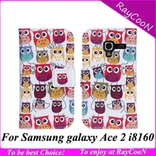 50pcs/lot New for Samsung galaxy ace 2 i8160 cartoon owl leather wallet case,i8160 cute owl leather stand cover,mix design