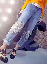 Europe New Heavy Metal Sequins Hole All match Beaded Slim Straight patchwork fashion women shinning pattern women jeans