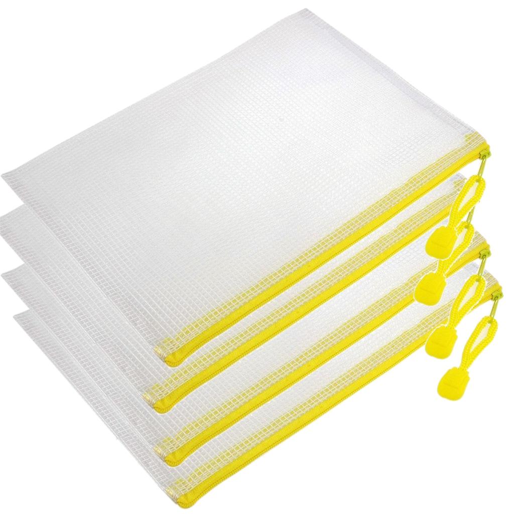 IMC Hot 4 Pcs Pen File A4 Document Bags Yellow Zip up White Plastic Pockets