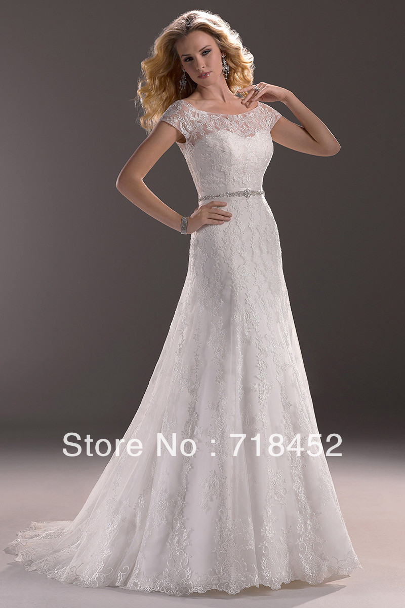 Sheer-Top-Lace-Wedding-Dress-Cap-Sleeve-A-Line-Floor-Length-Free