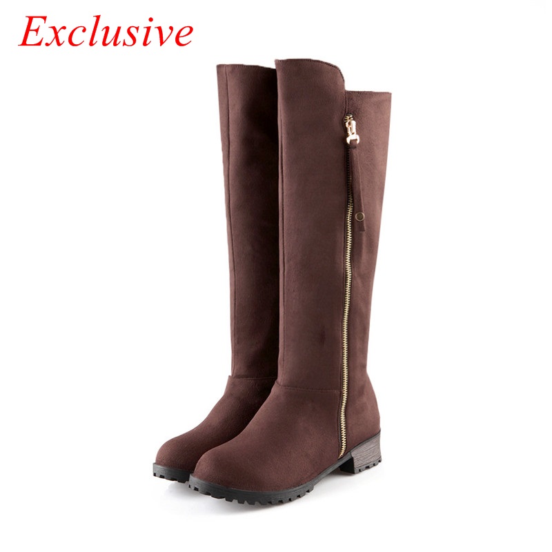 Large Size Knee Boots 2015 Latest Low-heeled High Boots Nubuck Leather Womens Shoe Winter Short Plush Zip Large Size Knee Boots