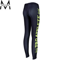 MUCHEN 2015 Women Black Leggings Yellow Side Letters Sports Pants Force Exercise Elastic Fitness Running Trousers