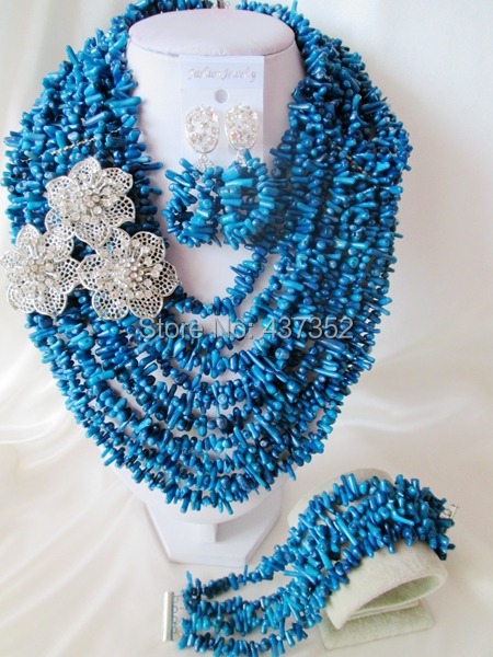 Fabulous Nigerian Wedding Coral Beads African Jewelry Set Navy blue Necklace Bracelet Earrings Set Free Shipping CWS-564